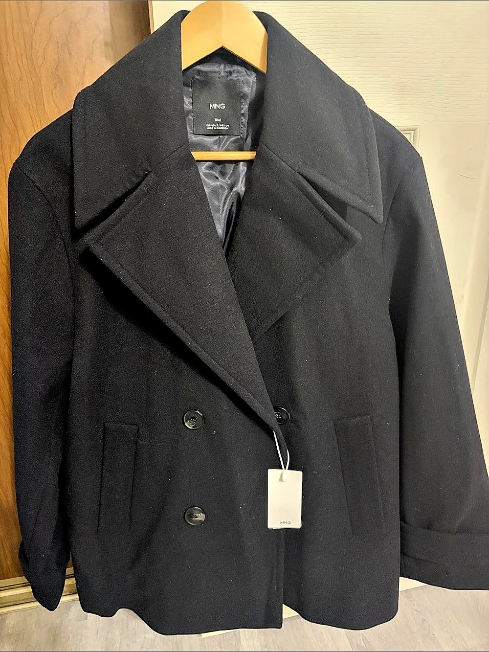 MNG Wool Pea Coat in Black Size Small NWT